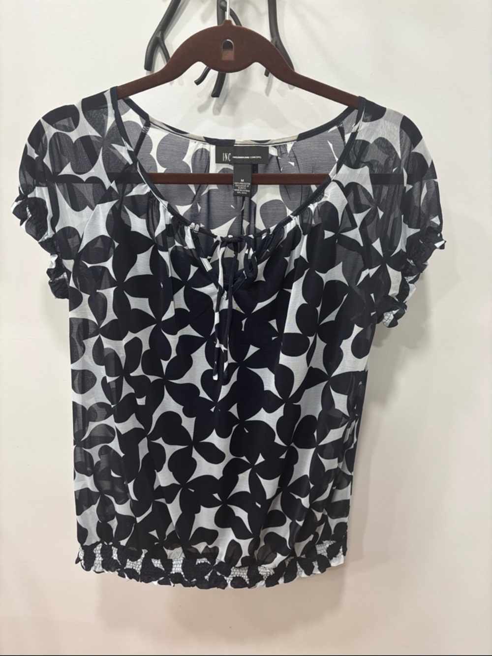 INC International Concepts Black & White Floral Tie-Neck Short Sleeve Blouse